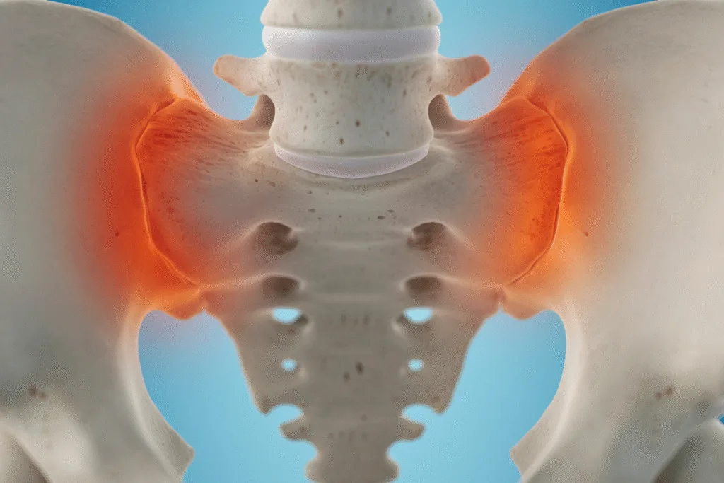 Osteopath for back pain Warrnambool: pelvis diagram highlighting sacroiliac joint pain on lower back region. 