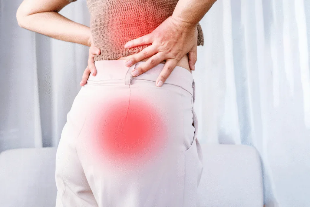 Osteopath Warrnambool: hip and lower back pain referral pattern into gluteal region highlighted.