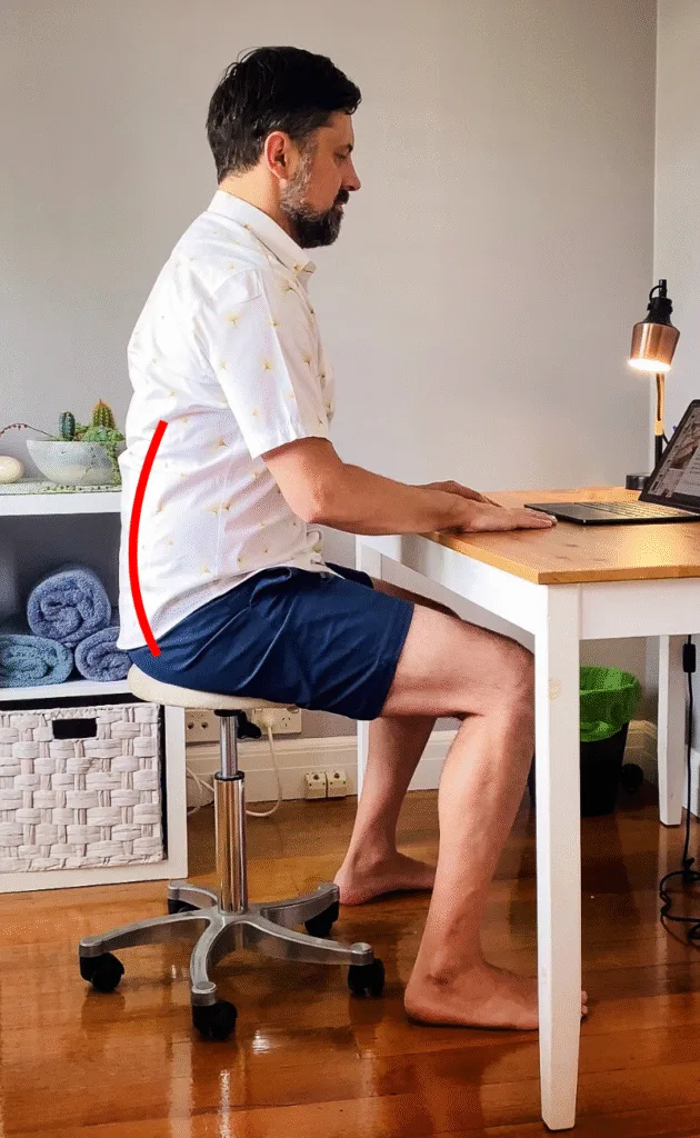 Osteopath for back pain Warrnambool tip: slow rhythmic pelvic tilts in chair, syncing breath with movement for lumbar mobility.
