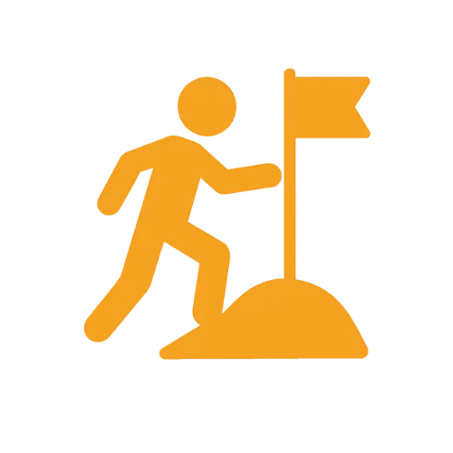 Person climbing uphill with a mounted flag icon representing mission