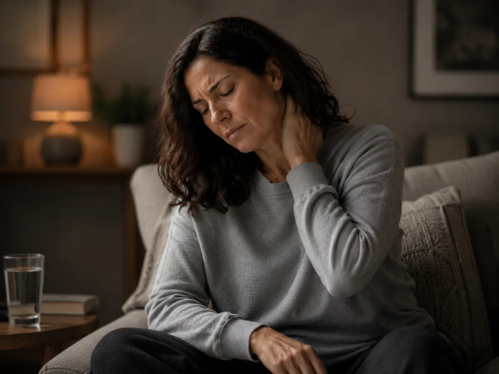 Woman with cervicogenic headache symptoms and neck pain while sitting in a chair
