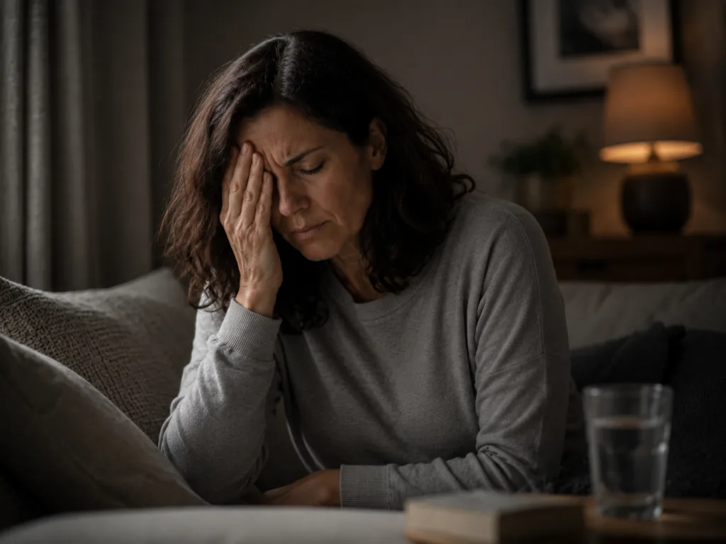 Woman with cluster headache symptoms and one-sided head pain in a dim room