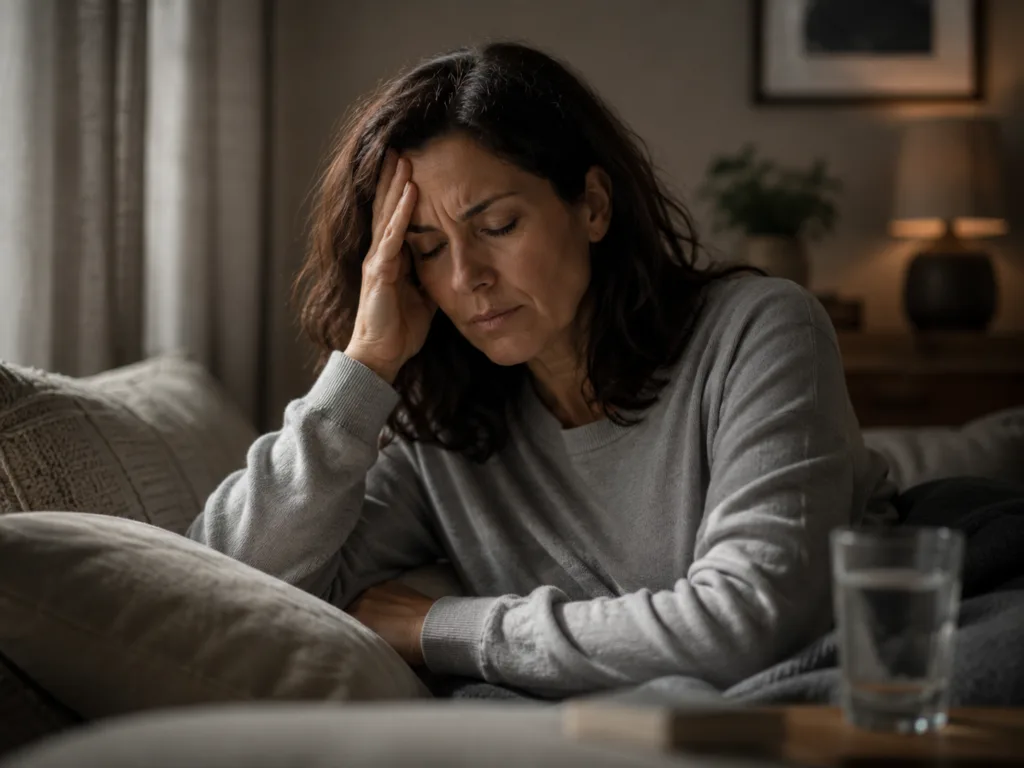 Woman resting in a dark room with migraine symptoms and headache sensitivity