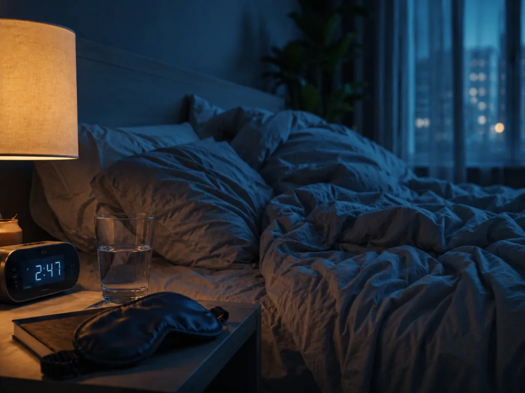 Restless unmade bed at night showing sleep disturbance as a headache trigger