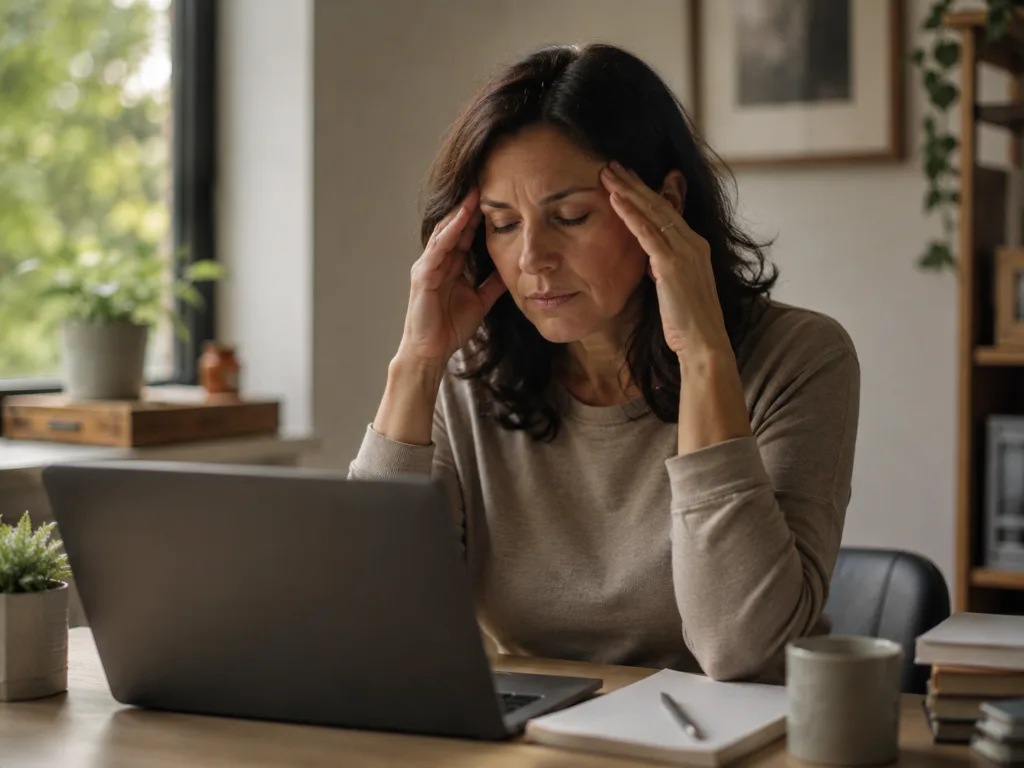 Woman with a tension-type headache and neck tension while working at a laptop