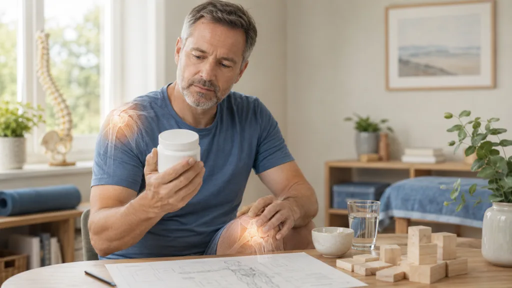 Middle-aged man examining a collagen supplement jar while holding his knee, illustrating collagen supplements and joint health.