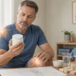 Middle-aged man examining a collagen supplement jar while holding his knee, illustrating collagen supplements and joint health.