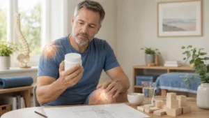 Middle-aged man examining a collagen supplement jar while holding his knee, illustrating collagen supplements and joint health.