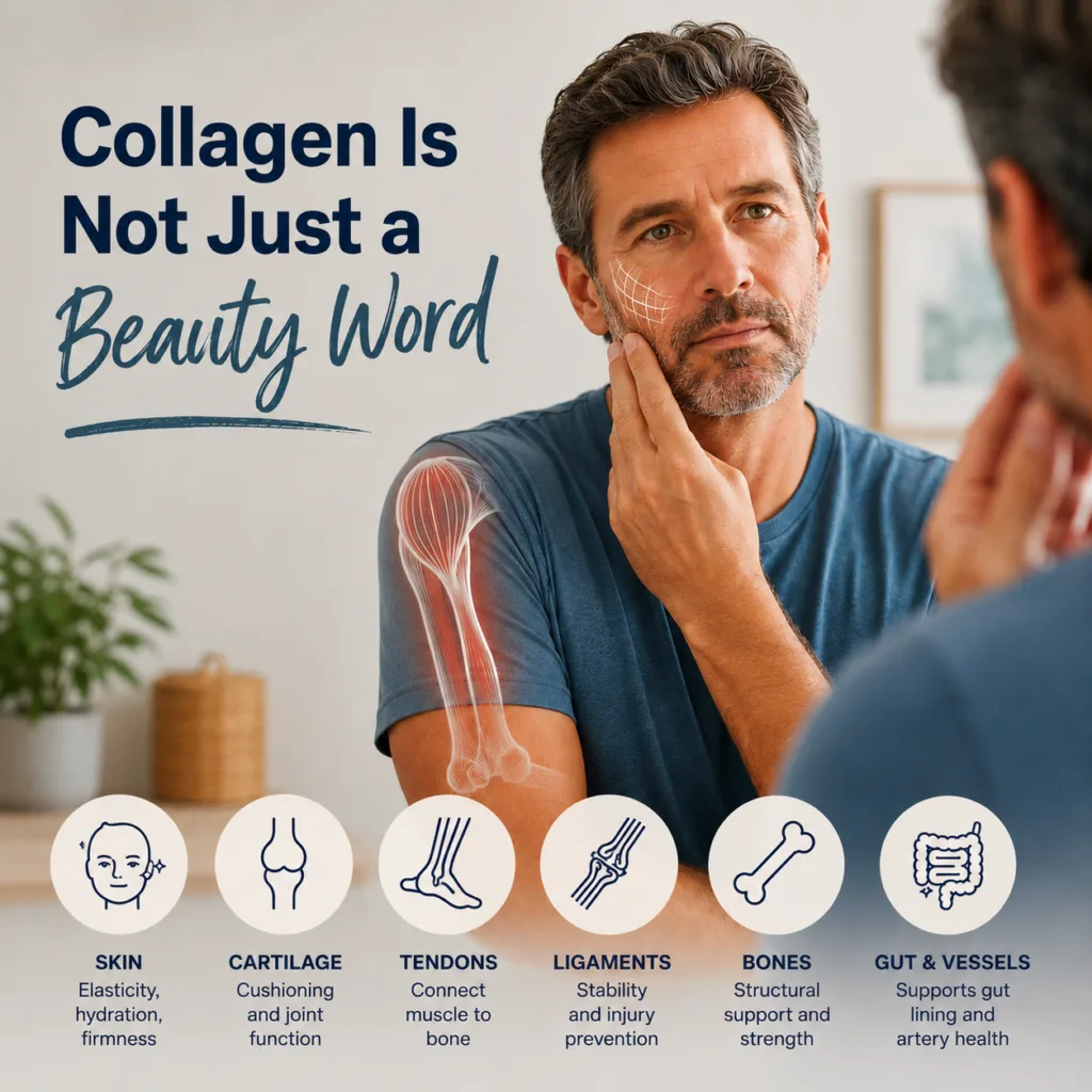 Educational illustration showing collagen's role in skin, cartilage, tendons, ligaments, bones, and connective tissue throughout the body.