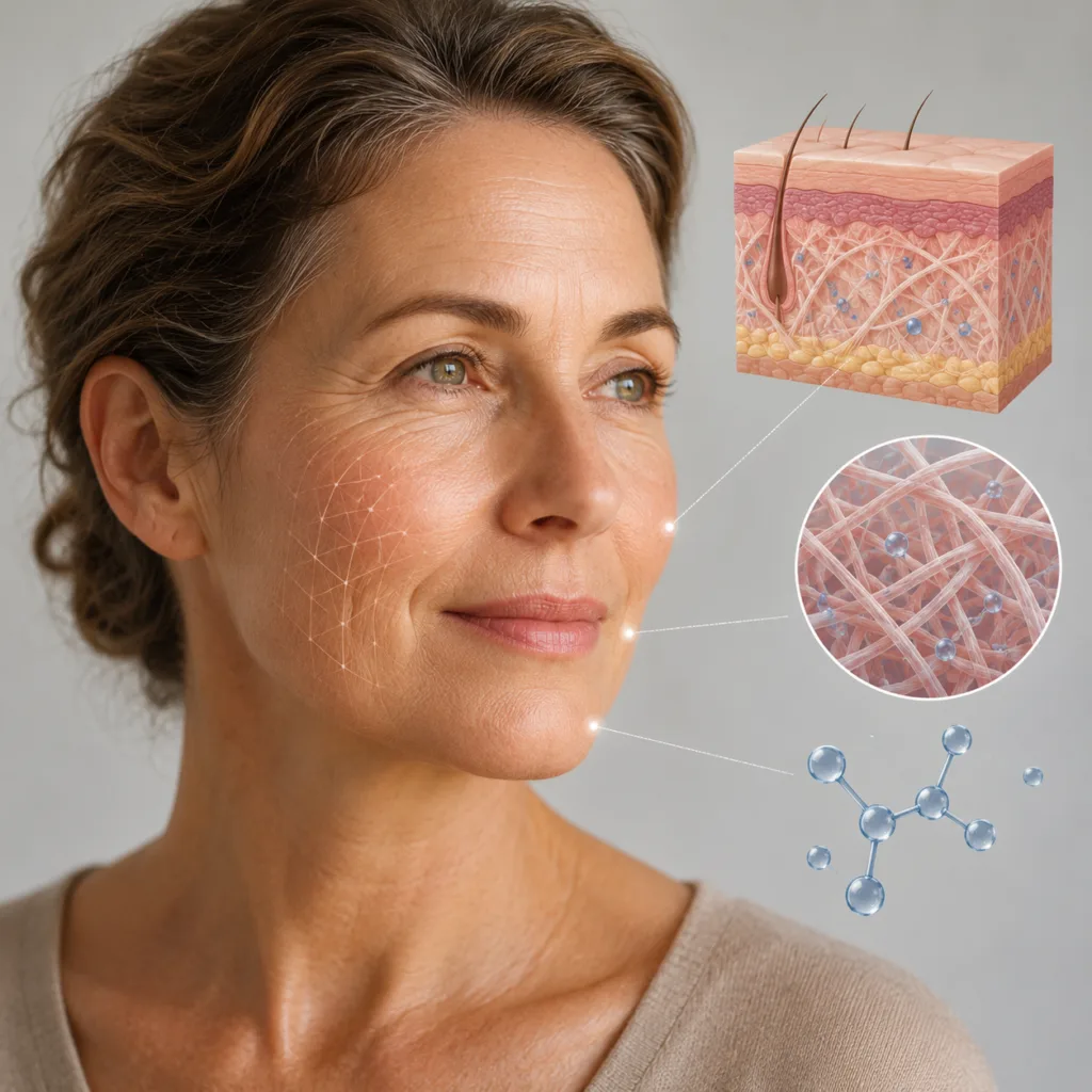 Woman with healthy ageing skin and subtle collagen structure overlays illustrating research into collagen supplements, skin hydration, and skin elasticity.