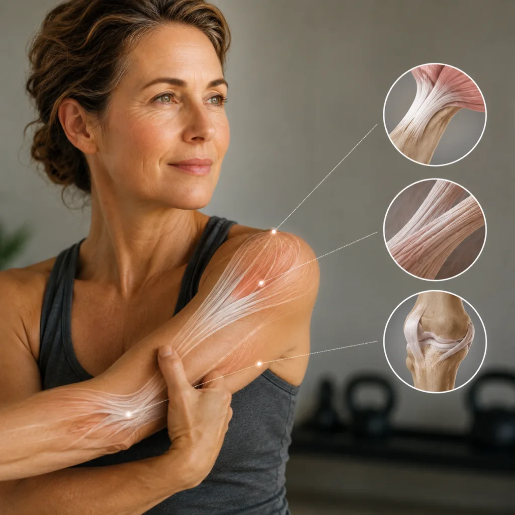 Active middle-aged woman stretching with anatomical tendon and ligament overlays illustrating connective tissue adaptation, loading, and collagen research.