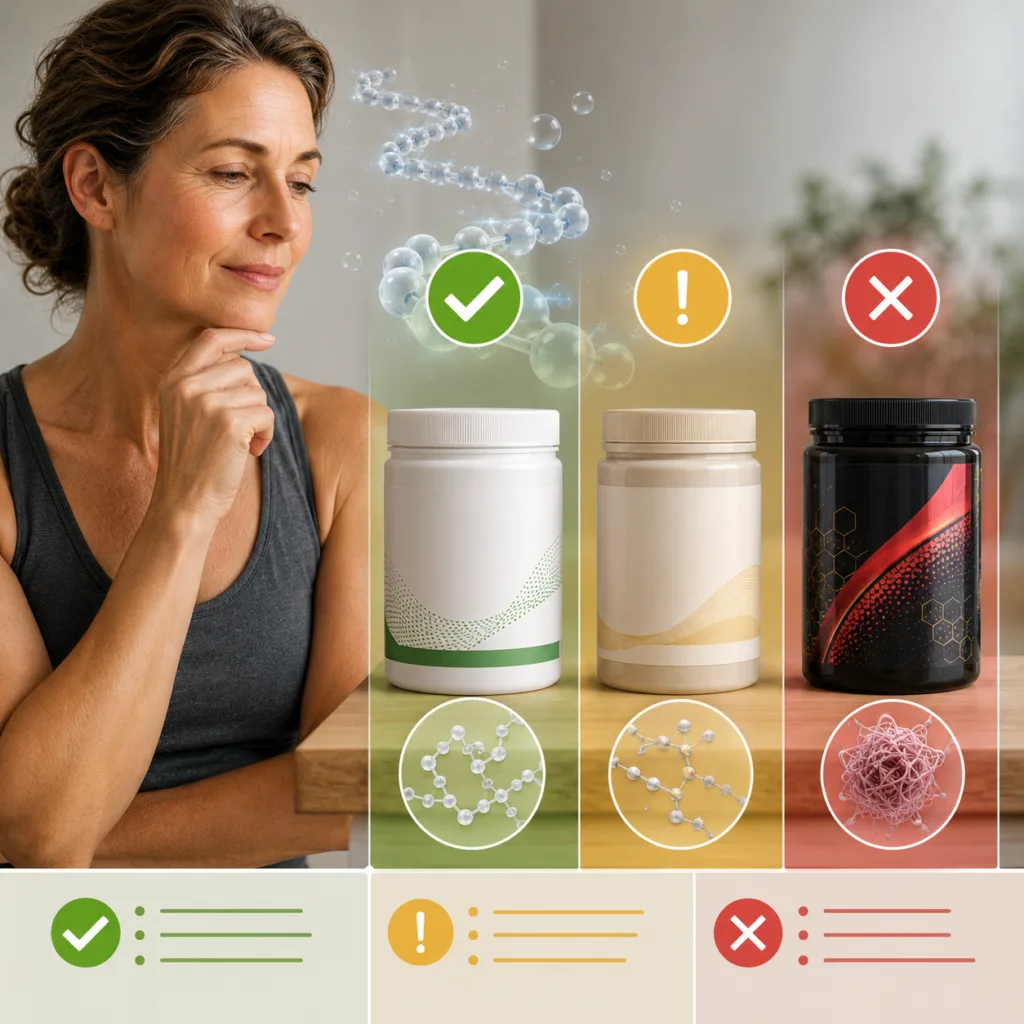 Woman comparing collagen supplement products with green, yellow and red quality indicators, illustrating how to evaluate collagen supplement forms and product quality.