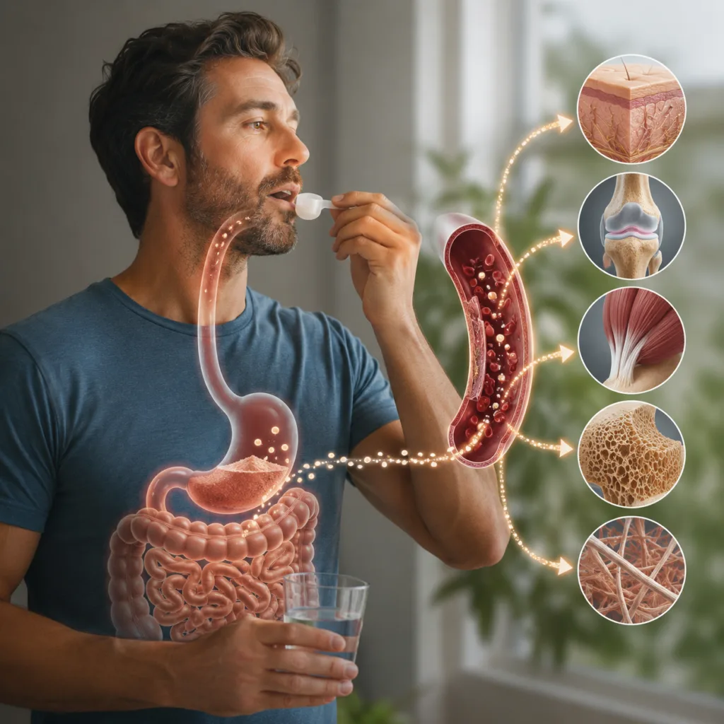 Illustration showing how collagen supplements are digested, absorbed, and distributed through the body after ingestion.