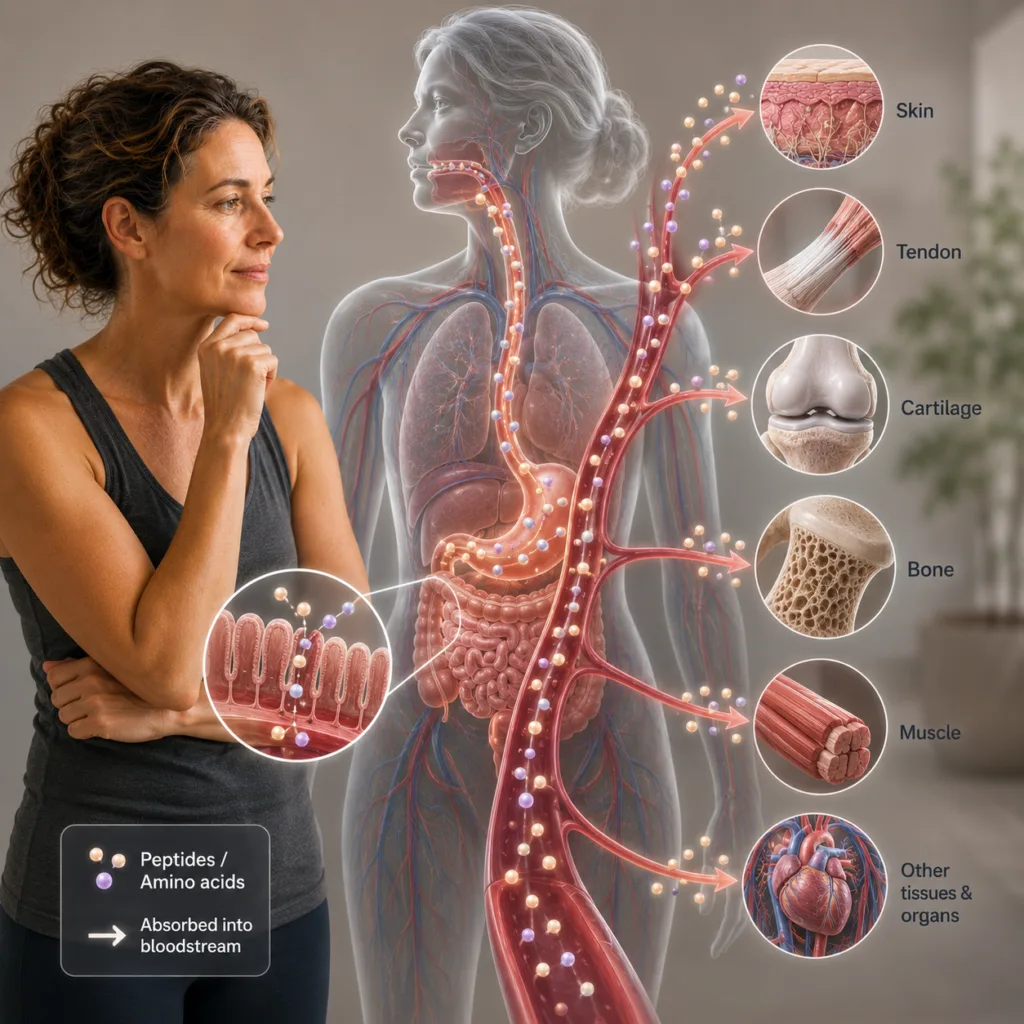 Woman observing collagen-derived peptides and amino acids being absorbed from the digestive system into the bloodstream and distributed throughout multiple body tissues, illustrating that absorption does not determine tissue-specific collagen synthesis.