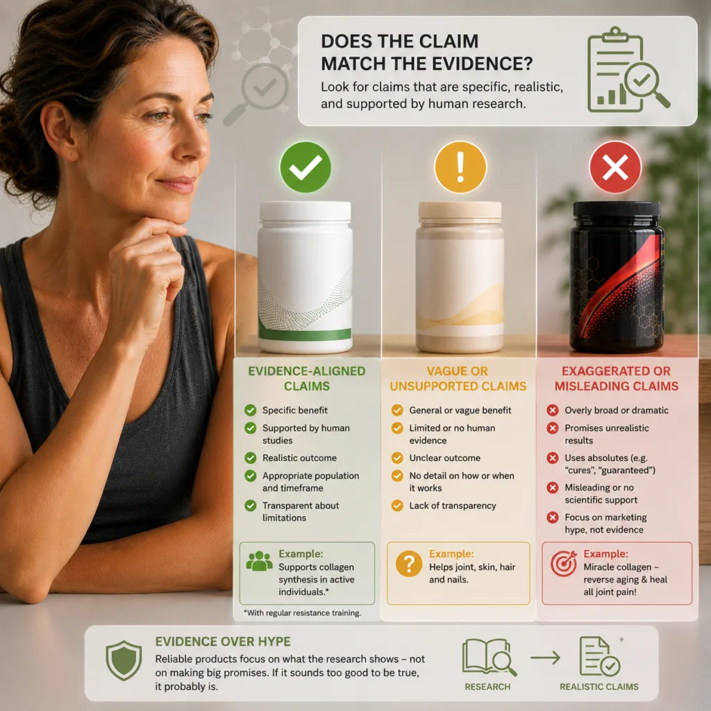 Woman comparing supplement claims using a green, yellow and red evidence scorecard, illustrating how to assess whether marketing claims align with scientific research.