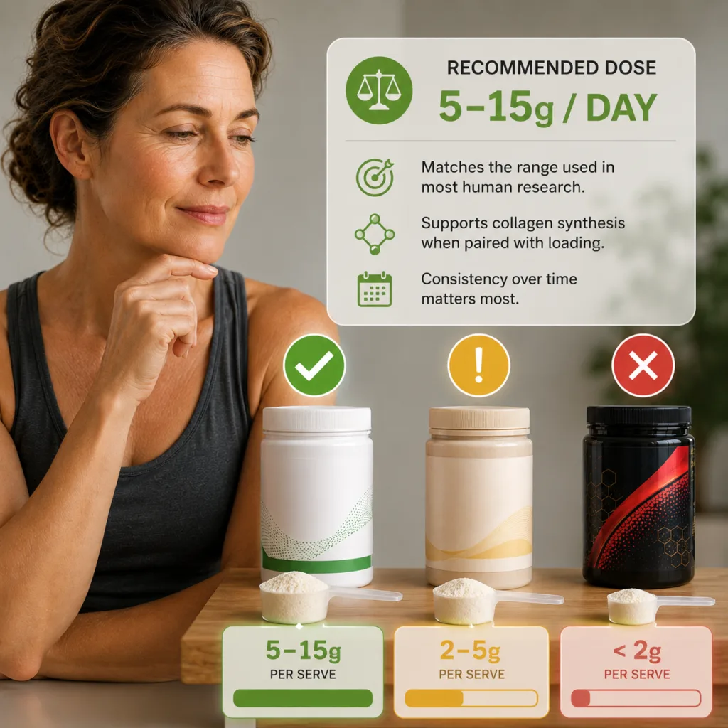 Woman comparing collagen supplement serving sizes with green, yellow and red indicators, illustrating the importance of dose per serve when choosing a collagen product.