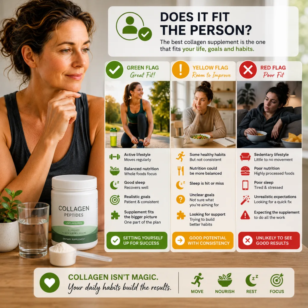 Woman evaluating whether a collagen supplement fits an individual's goals, lifestyle, nutrition, exercise habits, recovery, and expectations using a green, yellow and red scorecard system.