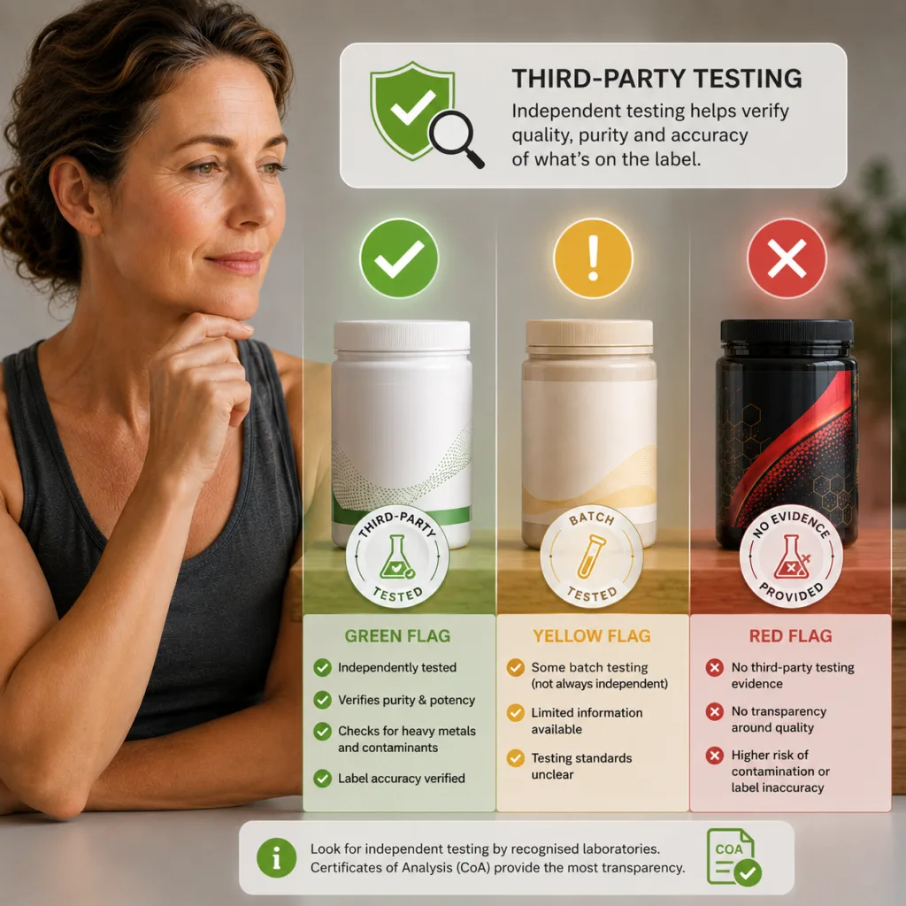 Woman evaluating collagen supplement products with third-party testing, batch testing, and quality assurance indicators shown using a green, yellow, and red scorecard system.