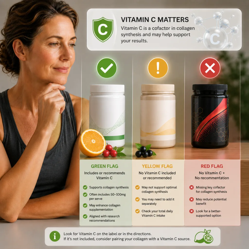 Woman comparing collagen supplement products with vitamin C support indicators, illustrating the role of vitamin C as a cofactor in collagen synthesis.