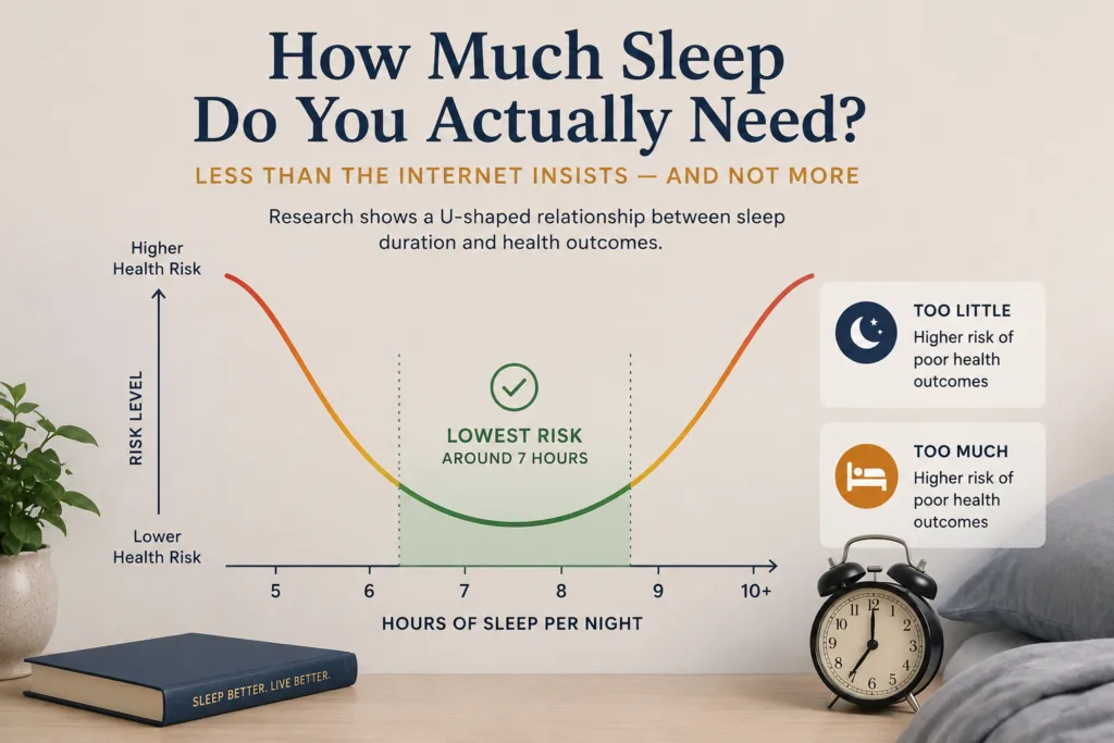 Infographic showing the relationship between sleep duration and health, highlighting that 7 to 9 hours of sleep is the recommended range for most adults.