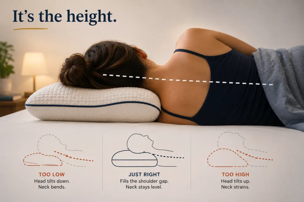 Comparison of pillow heights showing how the correct pillow fills the shoulder gap to maintain neutral neck alignment during side sleeping.