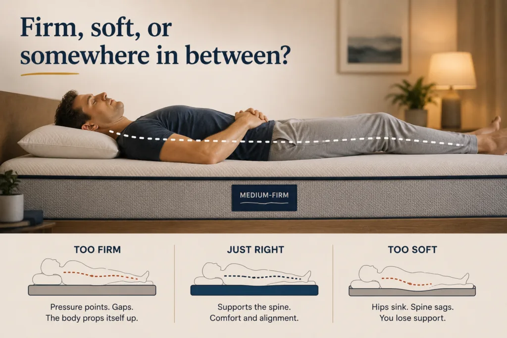 Person lying on a medium-firm mattress with a neutral spine, comparing soft, medium-firm and firm mattress support for spinal alignment.