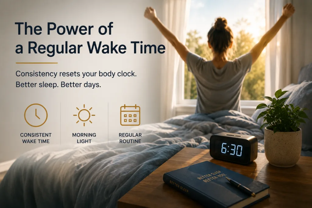 Person opening bedroom curtains at the same time each morning, illustrating the importance of a regular wake time and morning light for healthy sleep.