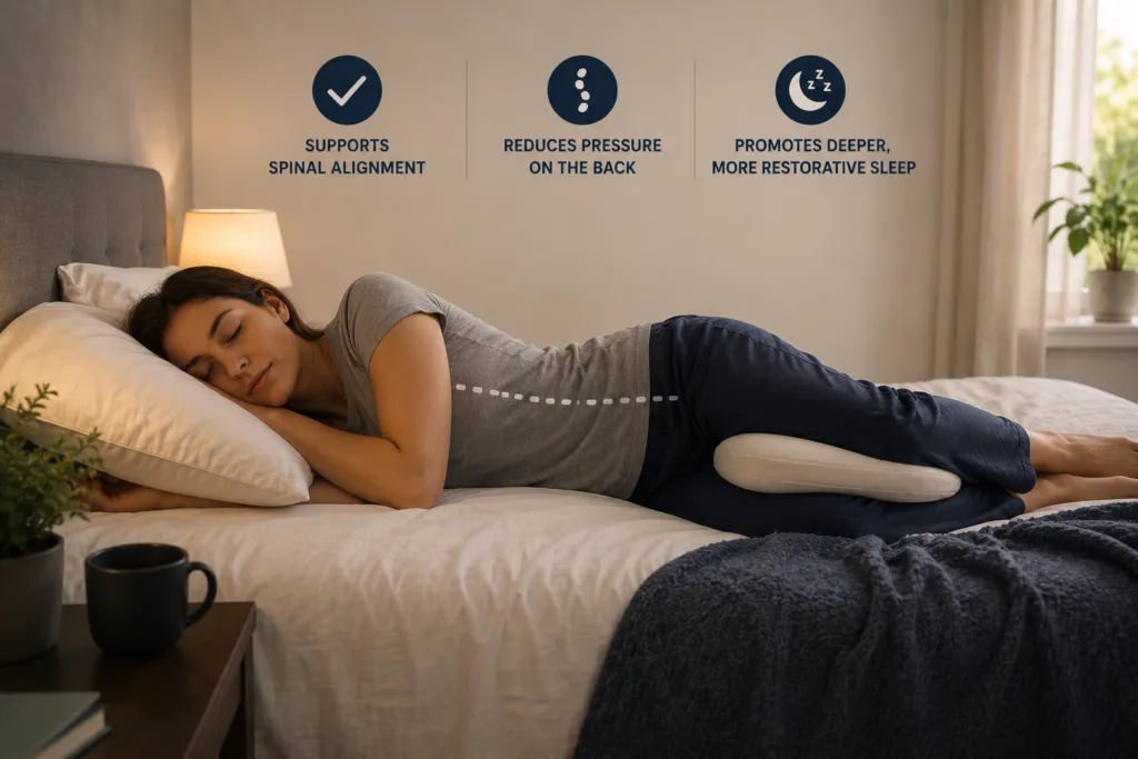 Person sleeping on their side with a pillow between the knees to support neutral spinal alignment during sleep.