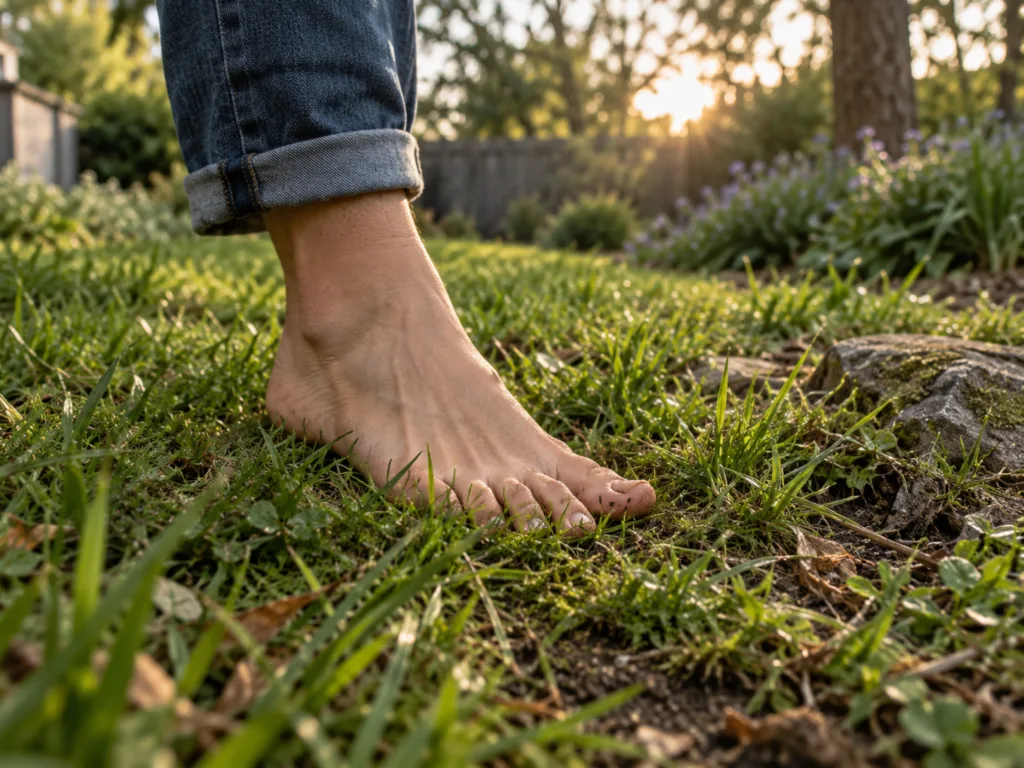 Bare foot adapting to uneven grass and ground contact