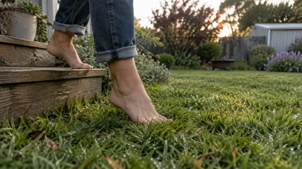 Bare feet stepping onto grass in Warrnambool during spring