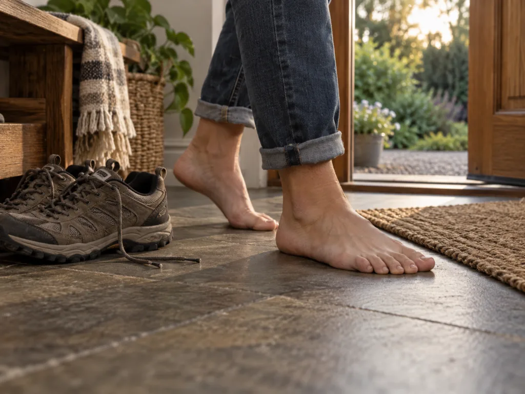Bare feet beside everyday shoes near an open doorway