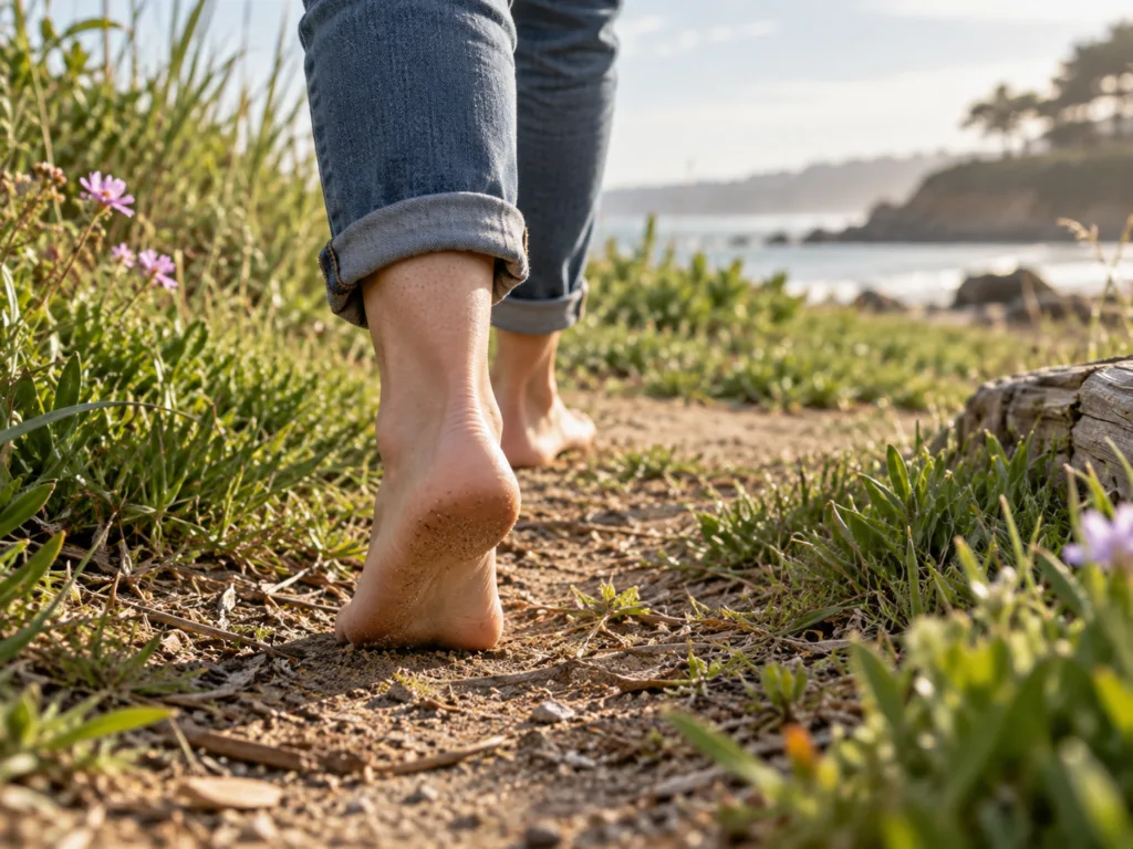 Barefoot walking on a natural outdoor surface near the coast
